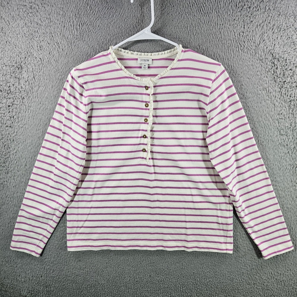 J.Crew Womens Purple Ivory Striped Ruffle Henley Long Sleeve Cotton Top Medium